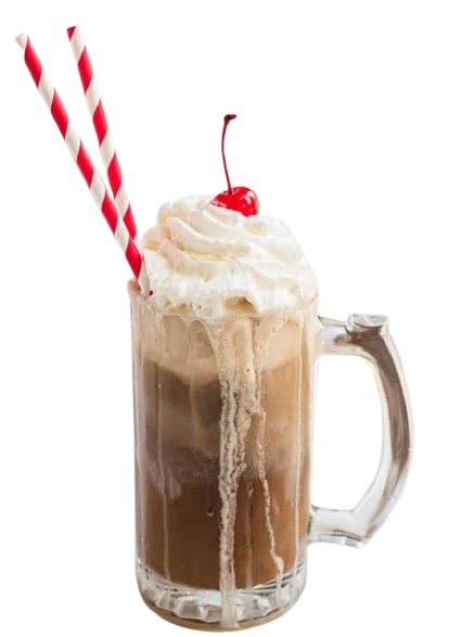 Classic root beer float with whipped cream, cherry, and striped straws