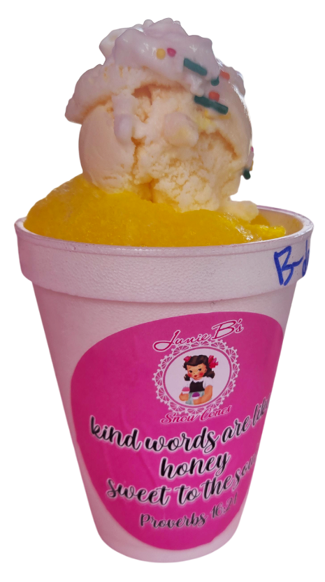 Yellow snowcone with ice cream and sprinkles served at Junie B’s Snowcones
